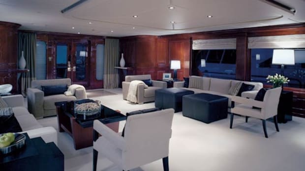 Christensen says this main saloon furniture arrangement is a first for one of its yachts. Usually, the builder has a cabinet separating the port and starboard seating areas.