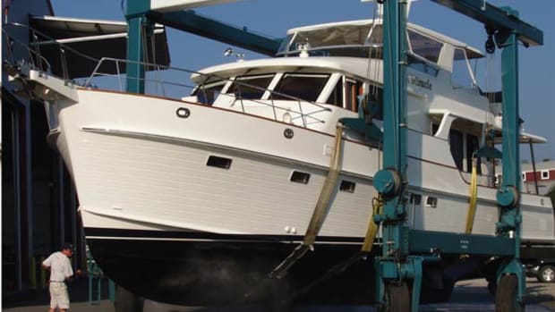 A Grand Banks 59 Aleutian RP is hauled at Yankee Marina & Boatyard; Yarmouth, Maine. 