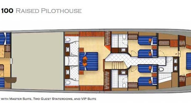 Hatteras 100 Raised Pilothouse - standard lower-deck layout
