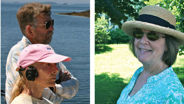Left, Joan Kessler and the author peering pensively at a possible anchorage. Right, the author’s wife BJ Vickers not feeling pensive in the least.