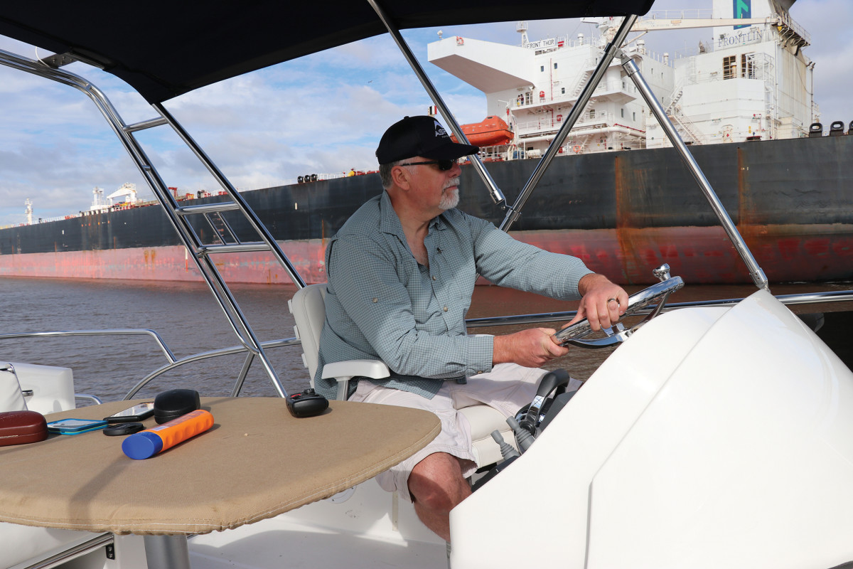 The adventuresome Larry Graf purrs along the Calcasieu Ship Channel.