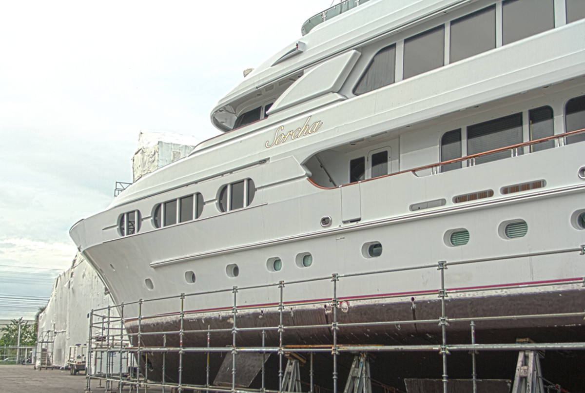 The megayacht Sorcha, rests on large stands.