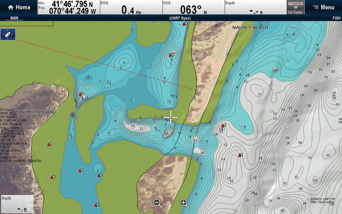 A Navionics chart shows the Chatham (Massachusetts) breakthrough with bathymetric contours as it appears on a Raymarine chartplotter.