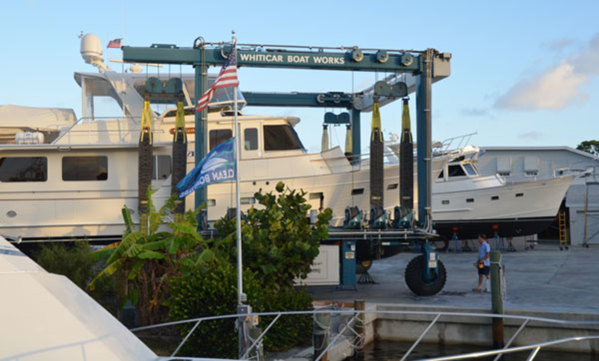 A Fleming 65 prepares to launch at Whiticar Boat Works in Stuart, Florida