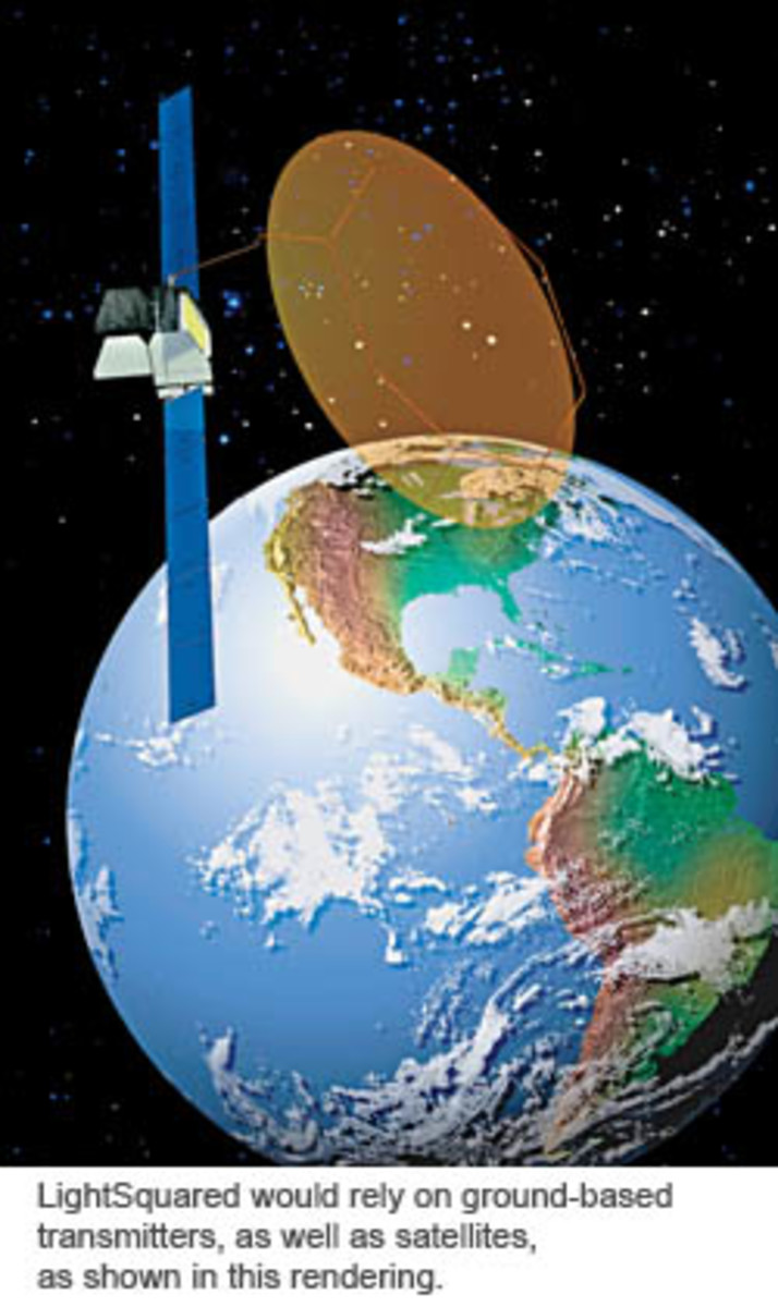 LightSquared would rely on ground-based transmitters, as well as satellites, as shown in this rendering.