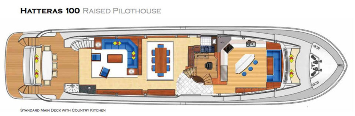 Hatteras 100 Raised Pilothouse - maindeck layout with country kitchen