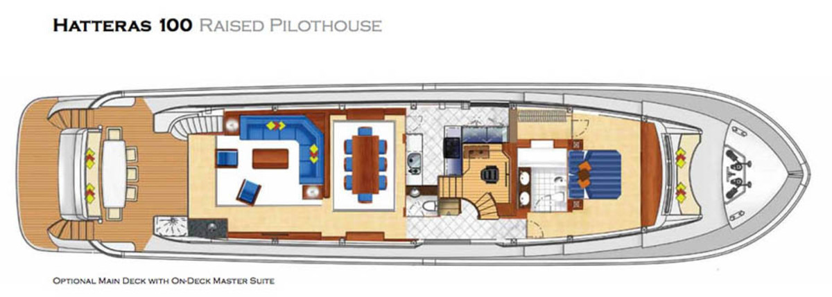 Hatteras 100 Raised Pilothouse maindeck layout with on-deck master suite