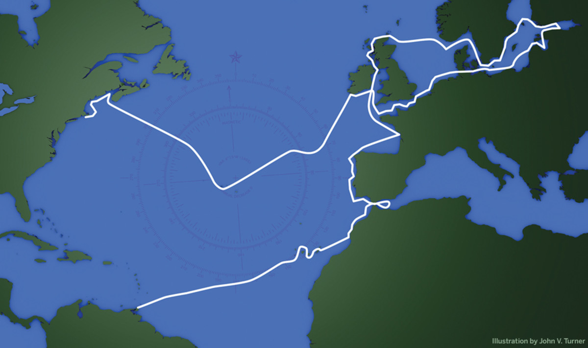 Dauntless voyage map illustration by John V. Turner