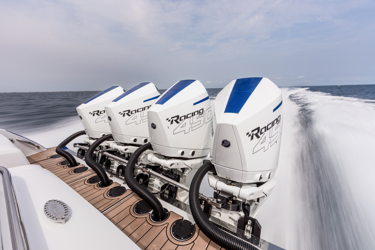 1,800 ponies, ready to boogie: The Nor-Tech 450 Sport’s color-matched cowlings and super-clean installation makes quite the impression on the lake.