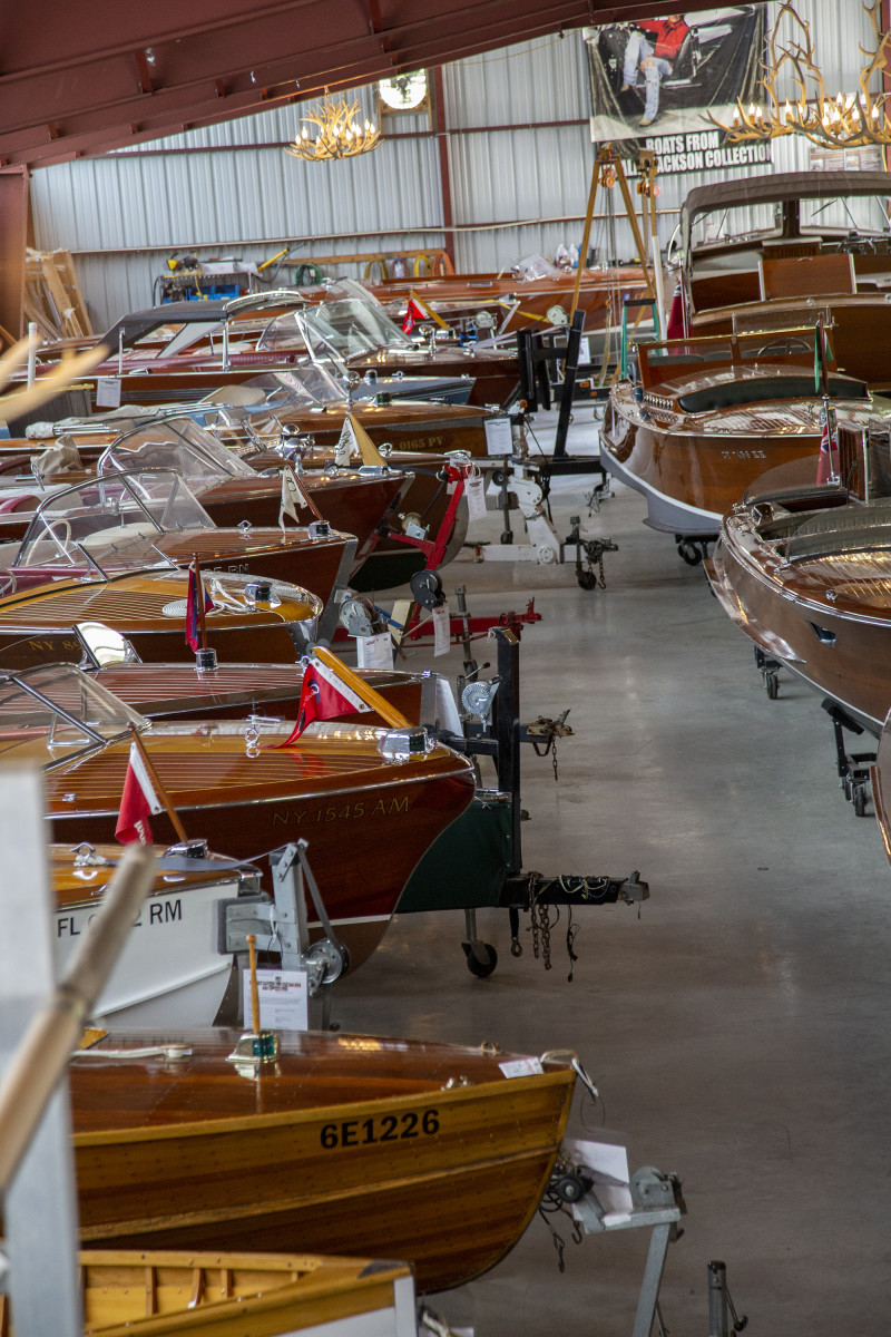 The Antique Boat America showroom houses 100 boats.