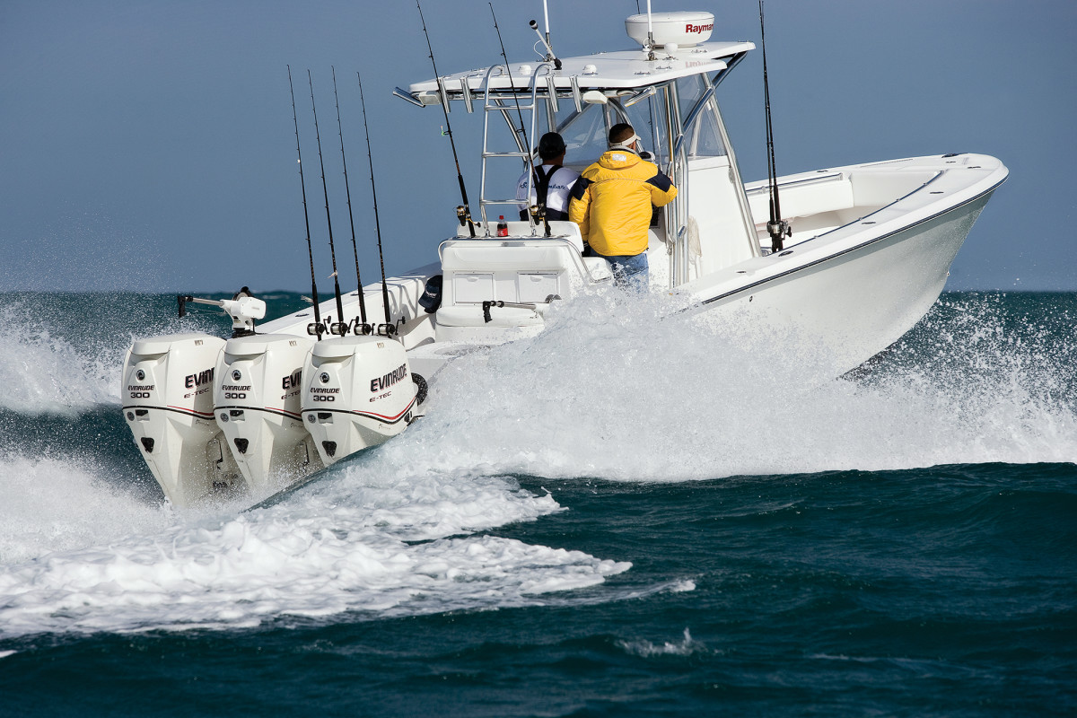 These two-stroke Evinrude 300-hp E-TECs pushed this SeaHunter Tournament 35 to a whopping 56 knots. Not bad, eh?