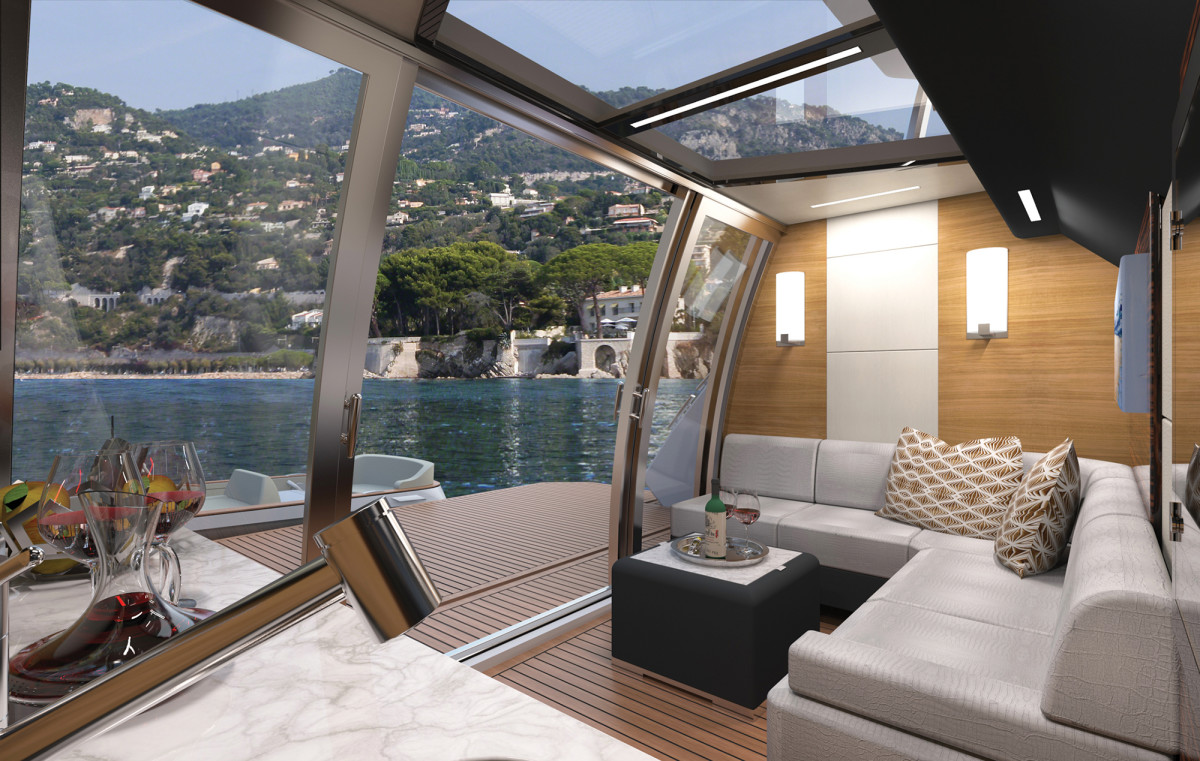 The glass “beach house” on the Ocean Alexander 90R is on the same level as the swim platform. Consider it a mini salon.