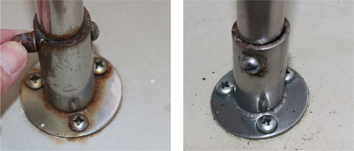 Simple steel screws are often the culprit of rust shown on the more robust 316-grade stainless. 