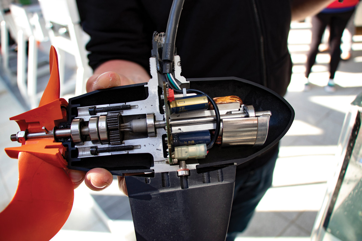 Smaller Torqeedo outboards feature an electric motor housed in the outboard’s torpeedo. 