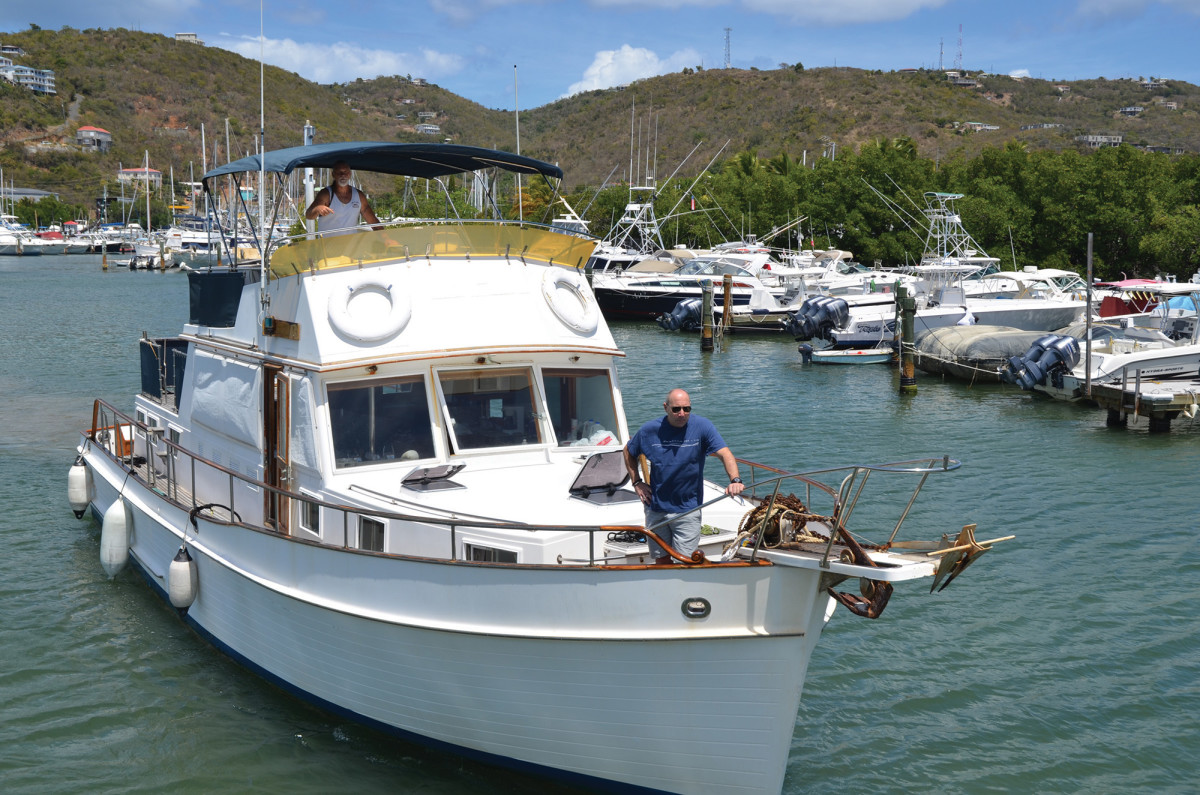 Capt. McCoy eases a Grand Banks 46 into a slip to replace this windlass as well with the same model as the 42.