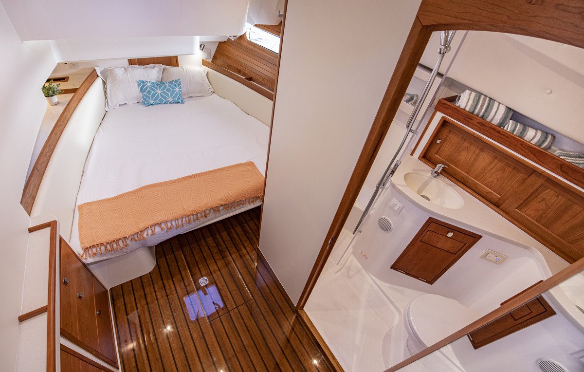 Though she’s defined as a day yacht, her teak trimmed living quarters—with a large forward v-berth, full shower head and double berth amidships provide comfortable shelter for weekend getaways.